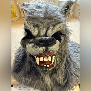 Gray Werewolf Halloween Mask Wolfdog, snarling Faux Fur Big Teeth Costume Dog